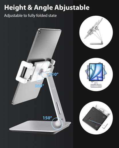 Maxonar Tablet Stand for Desk, 360° Adjustable Aluminum Alloy Swivel iPad Charging Tablet, iPad Pro Air Mini Tablet Holder for Bed Store POS Showcase Kitchen Office Drawing Desktop (6-13''), Silver