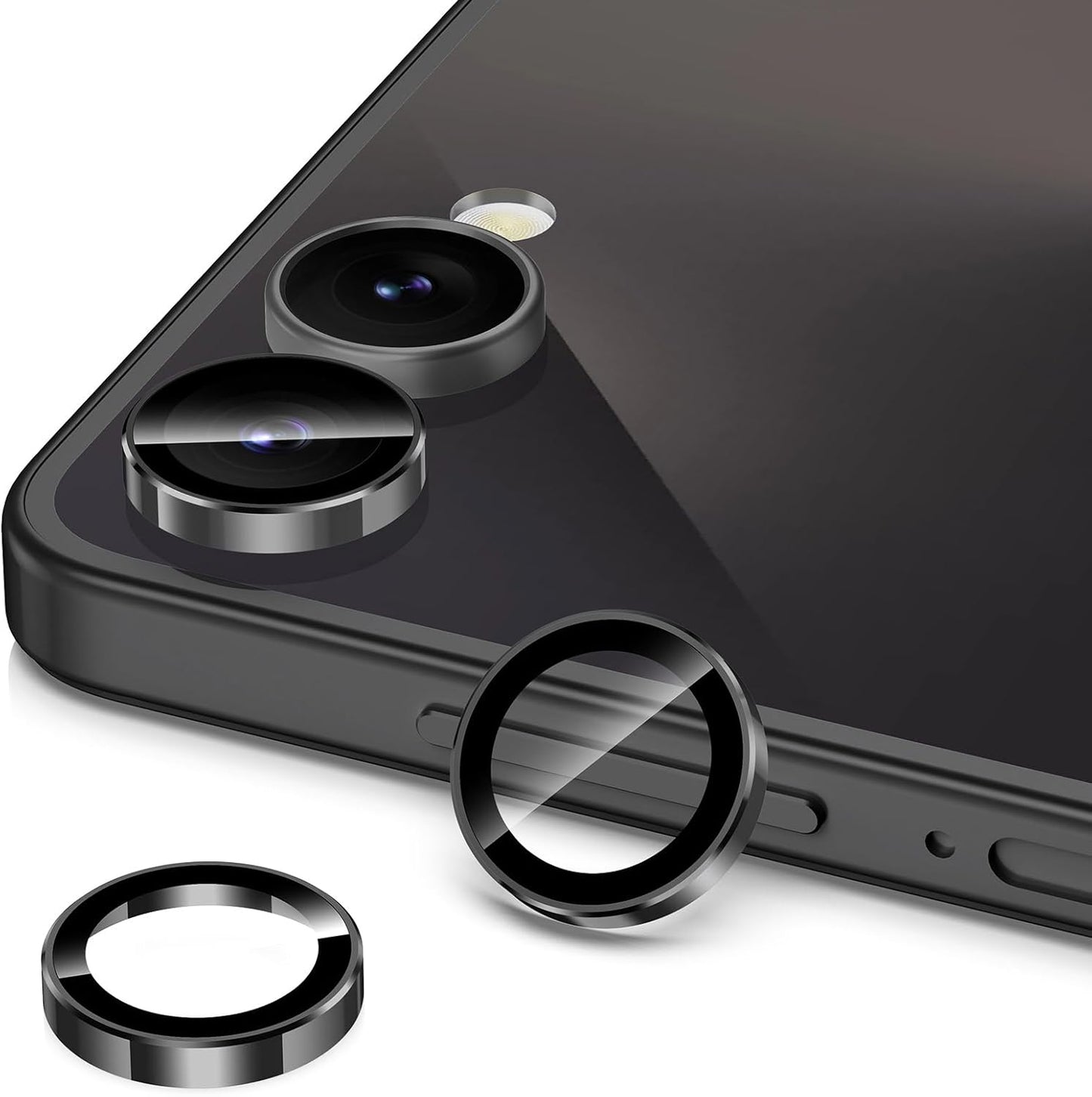 for Samsung Galaxy Z Flip 7 Camera Lens Protector, Individual Metal Ring Tempered Glass Lens Cover, [Strong Adsorption] Scratch Resistant Ultra-Thin HD Clear Lens Cover, 1 Set-Black Ring