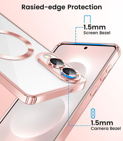 Slim Thin for Samsung Galaxy S25 Edge Case, Compatible with MagSafe, Built-in Camera Lens Protector, Shockproof Protective Phone Case, Soft Electroplated Clear Cover, Rose Gold