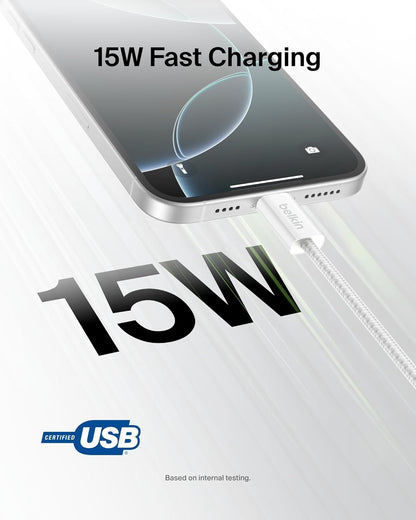 Belkin USB A to USB C Cable 2-Pack, 3.3ft, 15W - Type C Charger, iPhone Charger Cord, Soft, Braided, Flexible for iPhone 16 & 15, Galaxy S25, Pixel 9, iPad Pro, Airpods Pro, Switch & More - White