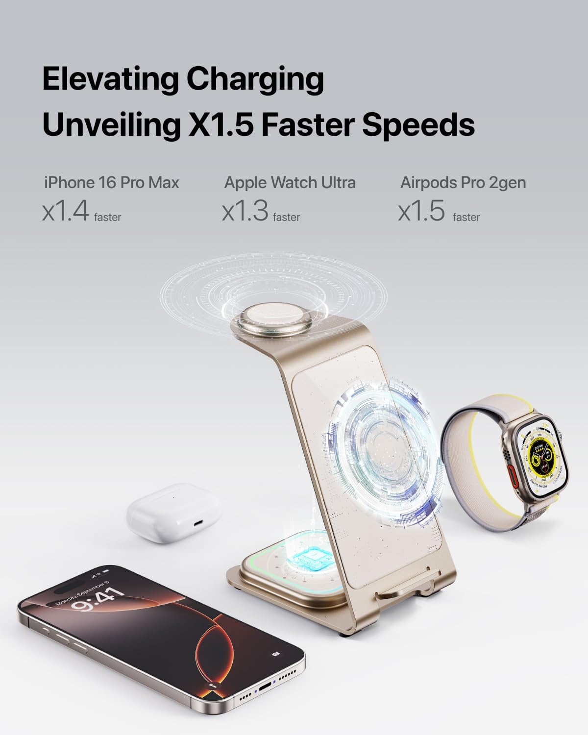 Intoval 3 in 1 Wireless Charging Station for iPhone 16 15 14 13 12 11 X Pro Max, Wireless Charger for Apple Watch 10 Ultra 3 SE 9 8 7 6 5 4 3 2, for AirPods 4 Pro Pro 2 3 (Y93, Desert)