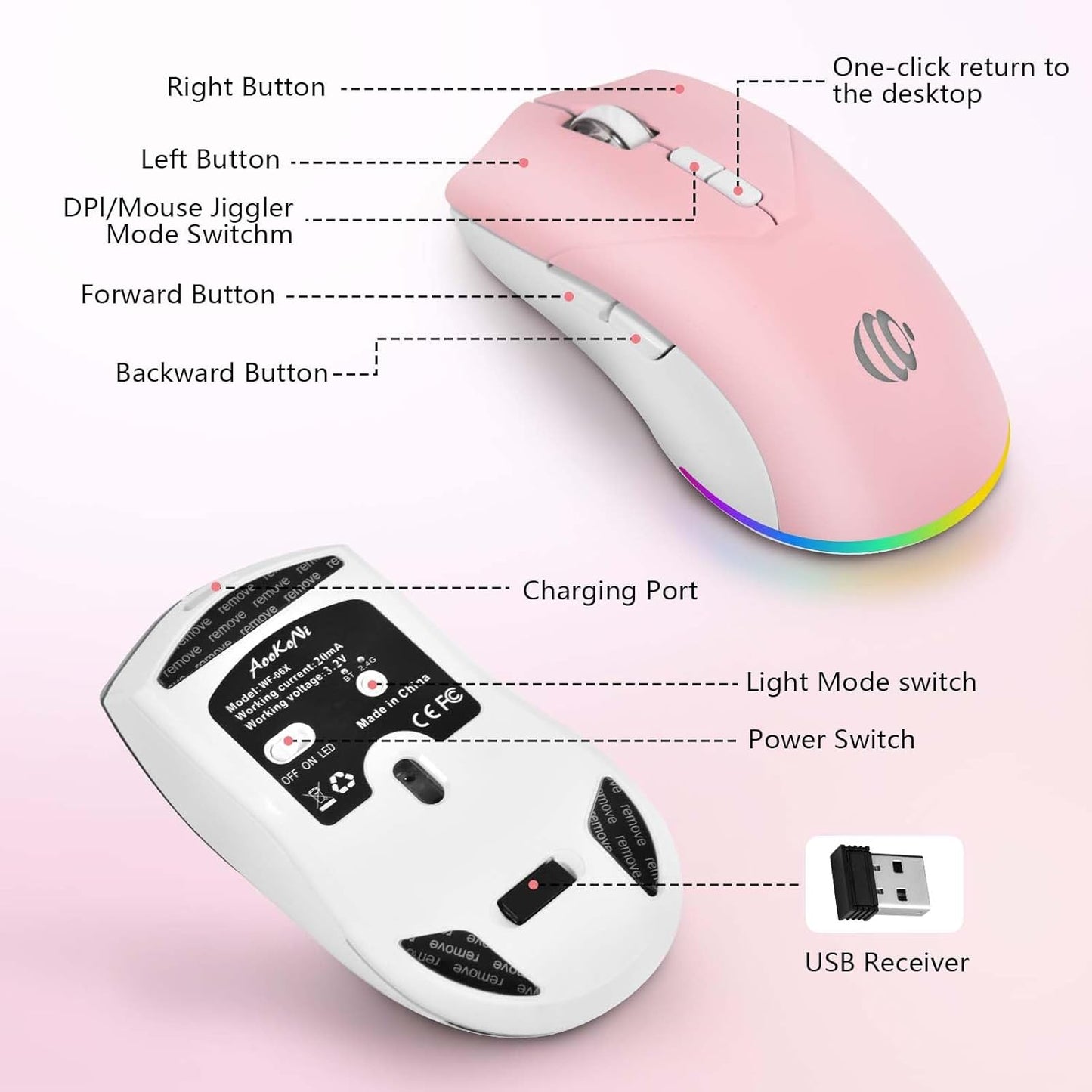 Wireless Bluetooth Mouse, 2.4G and Bluetooth 5.2 Ergonomic Rechargeable USB Optical Mouse, 3 Adjustment DPI， 1600 DPI Dual Mode Silent Wireless Mouse for Mac，Laptop, PC, Windows. (Pink)