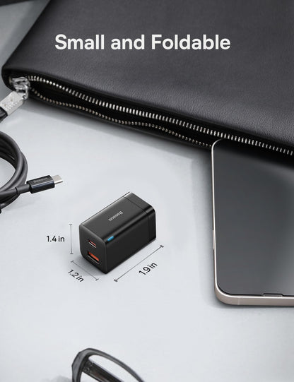 Baseus 30W Dual Port USB C PD Charger Block, Foldable PPS GaN Fast Charger Power Adapter for iPhone 16/15 Pro Max/14 Pro/13, Galaxy S24 Ultra/S23, Google Pixel 6, iPad, Black