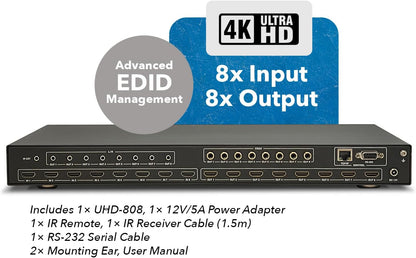 OREI 8x8 HDMI 4K Matrix Switch/Splitter, (8-Input, 8-Output) with Remote Control Supports UltraHD 4K@60Hz 4:4:4, HDR, YUV, HDMI 2.0, HDCP 2.2, 3D, 1080p, 18 GBPS - ARC, EDID (4K & 1080p Together)