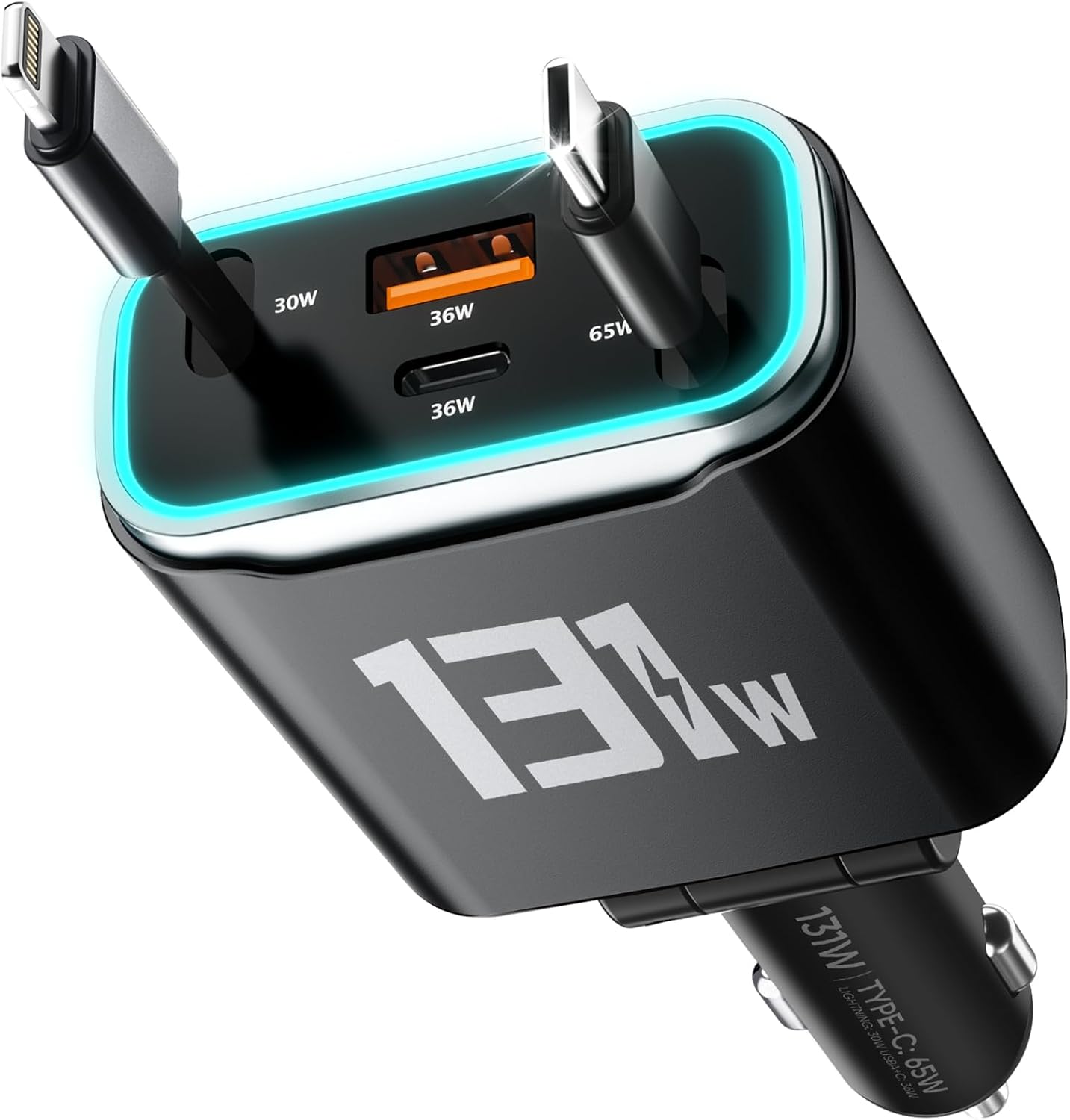 iPhone Car Charger, 4 in 1 Retractable Fast Car Phone Charger Adapter 131W, Retractable Cables (31.5 inch) & 2 USB Ports for iPhone 16/15/14/13/12/11 Pro/Samsung