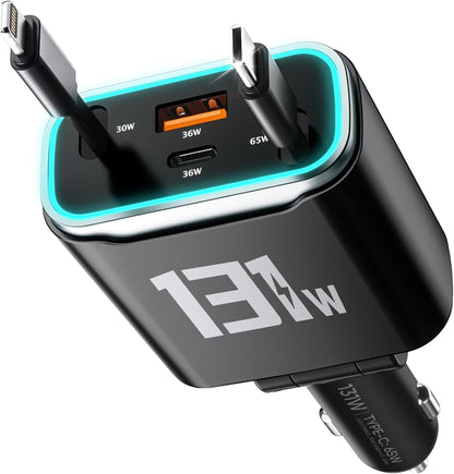 iPhone Car Charger, 4 in 1 Retractable Fast Car Phone Charger Adapter 131W, Retractable Cables (31.5 inch) & 2 USB Ports for iPhone 16/15/14/13/12/11 Pro/Samsung