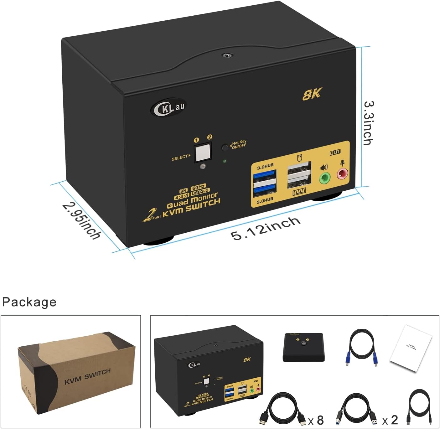 CKLau 2 Port USB 3.0 Quad Monitor KVM Switch HDMI 2.1 8K@60Hz 4K@144Hz with Audio Output and All Input Cable, 2 PCs 4 Monitors Video Keyboard Mouse Peripheral Sharing Switcher