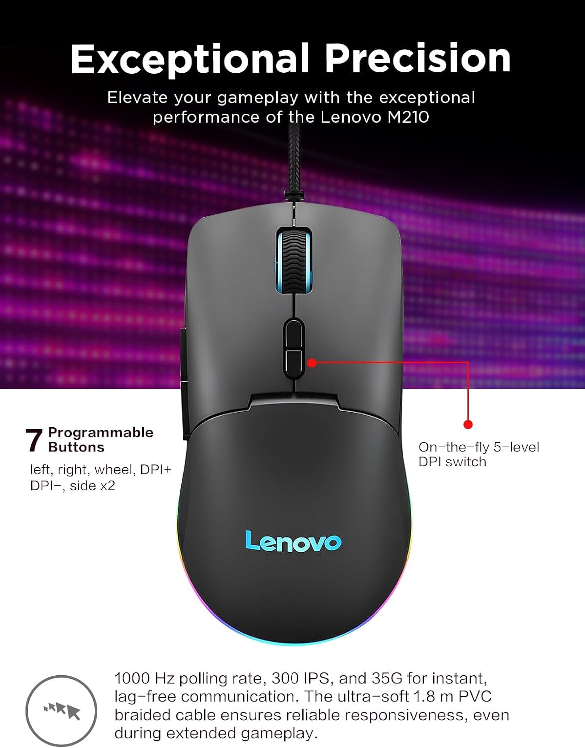 Lenovo M210 RGB Wired Gaming Mouse for PC, Laptop, Computer with Windows & Chrome OS - 3 Zone RGB, 8000 DPI Adjustable Sensor, 7 Programmable Buttons – Palm Grip Mouse for Gamers (Black)