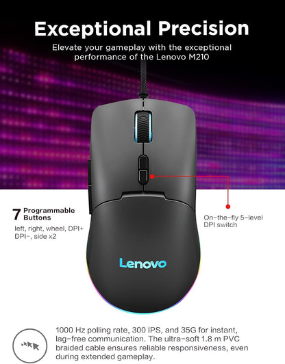 Lenovo M210 RGB Wired Gaming Mouse for PC, Laptop, Computer with Windows & Chrome OS - 3 Zone RGB, 8000 DPI Adjustable Sensor, 7 Programmable Buttons – Palm Grip Mouse for Gamers (Black)