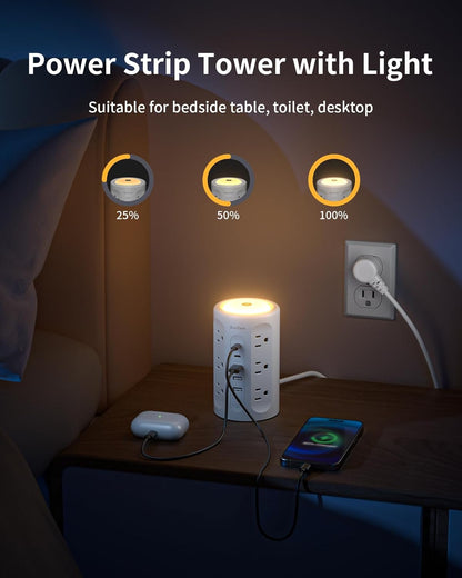 Power Strip Tower with Night Light, 15W Surge Protector Power Strip with USB Ports, 10 FT Extension Cord with Multiple Outlets (12AC+3A+2C) for Home Office Desk DormRoom (White)