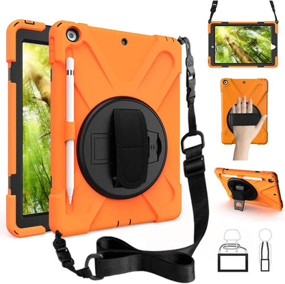 ZenRich Shockproof Case for iPad 9th/8th/7th Generation 10.2 inch 2021/2020/2019, Heavy Duty Rugged Case with Pencil Holder/360° Rotating Kickstand/Handle/Carrying Strap, Orange