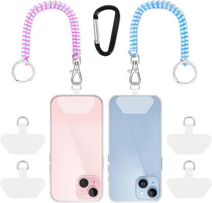SHANSHUI Phone Tether, 2 Pcs Anti Theft Spring Phone Strap, 4 x Tether Pacthes & Carabiner Clips Universal Cellphone Lanyard for Keys Outdoor Skiing Hiking Fishing Fitting for All Smartphones