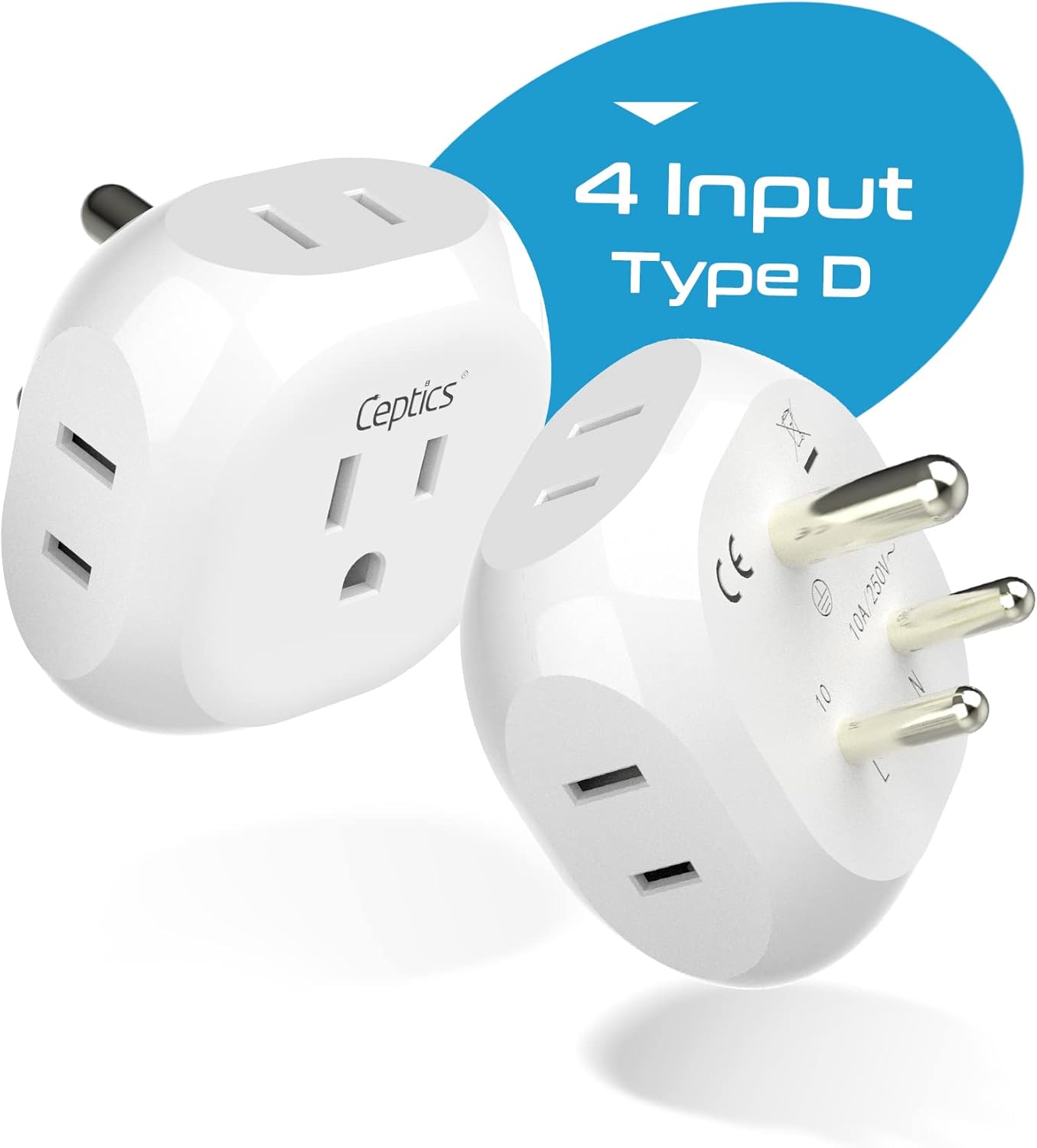 Ceptics India, Pakistan Travel Adapter - 4 Input - Ultra Compact - Light Weight - USA to Any Type D Countries Such as Bangladesh, Maldives and More - 4 Pack (PT-10-4PK)