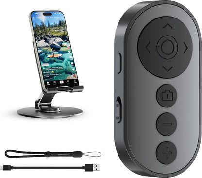 Bluetooth Camera Remote Shutter with Zoom and Camera Switch for Photo and Vlogging, Cellphone Remote Clicker for iOS & Android Smartphone, Wireless Video Scrolling with Metal Phone Stand for Tiktok