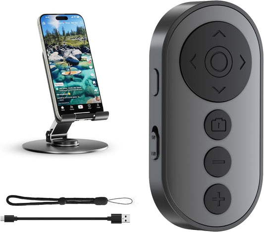 Bluetooth Camera Remote Shutter with Zoom and Camera Switch for Photo and Vlogging, Cellphone Remote Clicker for iOS & Android Smartphone, Wireless Video Scrolling with Metal Phone Stand for Tiktok