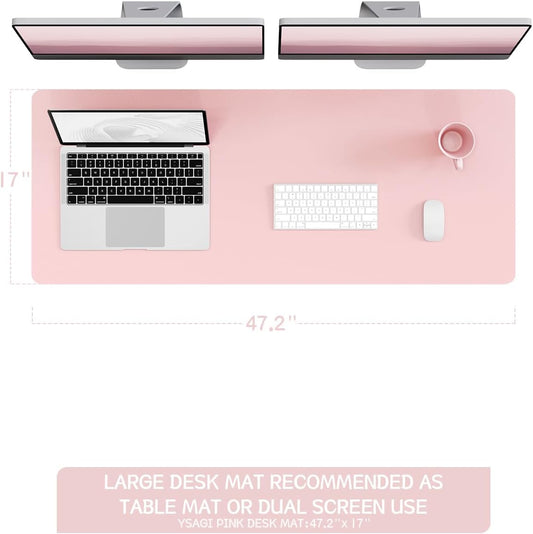 YSAGi Non-Slip Leather Desk Pad Long Size, Waterproof Laptop Computer Desk Keyboard Mat, Table Protector Blotter Mat, Large Mouse Pad for Office/Work/Home/Decor(Pink, 47" x 17")