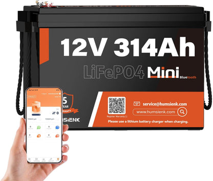 Bluetooth 12V 314Ah LiFePO4 Lithium Battery MINI, Max. 4190Wh Energy, EV A+ Cells, Built-in 100A BMS, 15000 Deep Cycles Battery with Low-Temp Protection for RVs, Solar System, Off-Grid