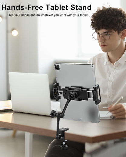 Aluminum Tablet Stand Holder for Desk Mount - [Small Portable] Tablet Holder for Kitchen, Bed Clip with 1.26" Depth Large Clamp for iPad Pro 13 Air Mini, Galaxy, Fire, Switch, iPhone, 6-15.6" Devices