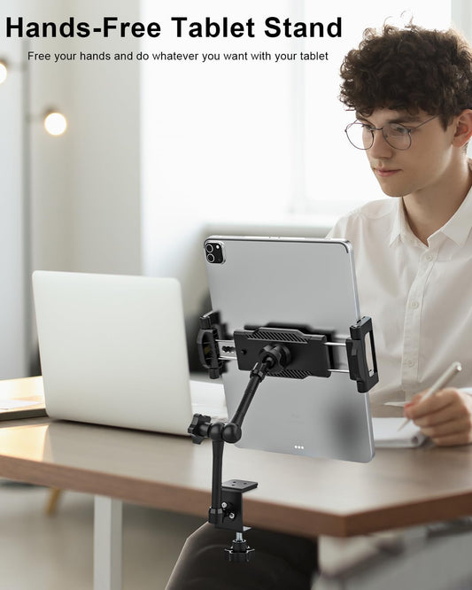 Aluminum Tablet Stand Holder for Desk Mount - [Small Portable] Tablet Holder for Kitchen, Bed Clip with 1.26" Depth Large Clamp for iPad Pro 13 Air Mini, Galaxy, Fire, Switch, iPhone, 6-15.6" Devices