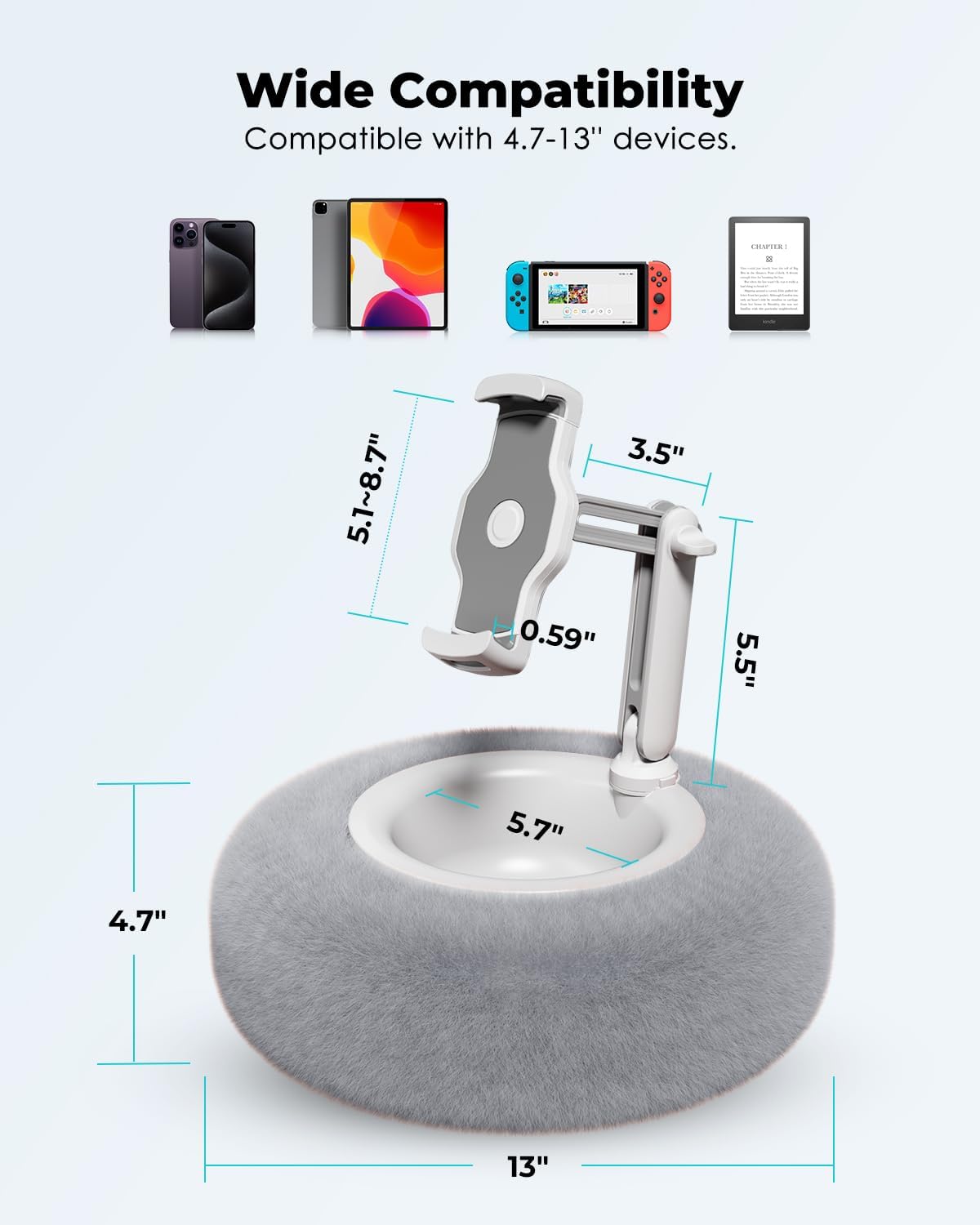 Viozon Tablet Stand Pillow, Compatible with 4.7"-13" Phone/Tablet, iPad, iPhone, Samsung, Google, Kindle, 360°Adjustable Phone Holder for Bed with Soft Plush Fabric, and Detachable Bowl, Grey