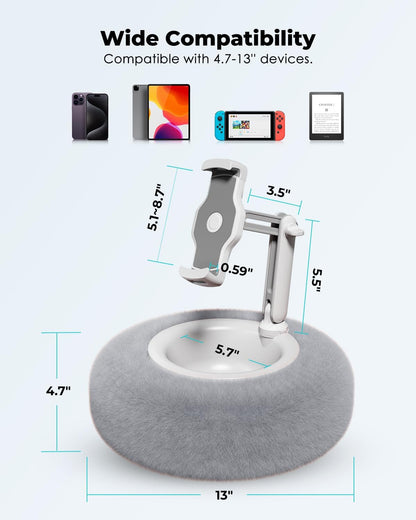 Viozon Tablet Stand Pillow, Compatible with 4.7"-13" Phone/Tablet, iPad, iPhone, Samsung, Google, Kindle, 360°Adjustable Phone Holder for Bed with Soft Plush Fabric, and Detachable Bowl, Grey