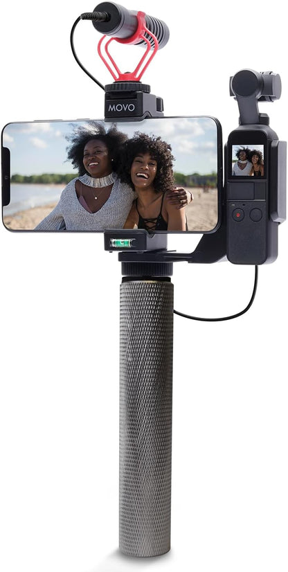 Movo Video Rig Compatible with The DJI OSMO Pocket 1, 2 - Includes Universal Smartphone Mount, Grip Handle, and 2 Cold Shoes for Mounting Microphone, Light - OSMO Pocket Microphone and Video Rig