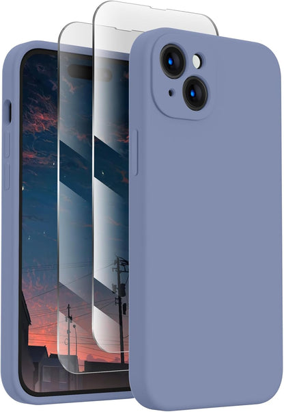 FireNova Designed for iPhone 15 Plus Case, Silicone [Camera Protection] Case with [2 Screen Protectors], Soft Anti-Scratch Microfiber Lining Inside, 6.7 inch, Lavender Gray
