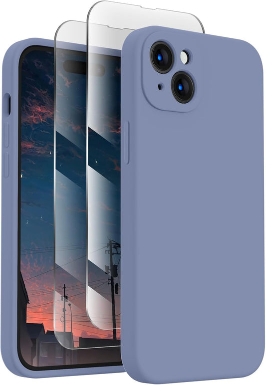 FireNova Designed for iPhone 15 Plus Case, Silicone [Camera Protection] Case with [2 Screen Protectors], Soft Anti-Scratch Microfiber Lining Inside, 6.7 inch, Lavender Gray