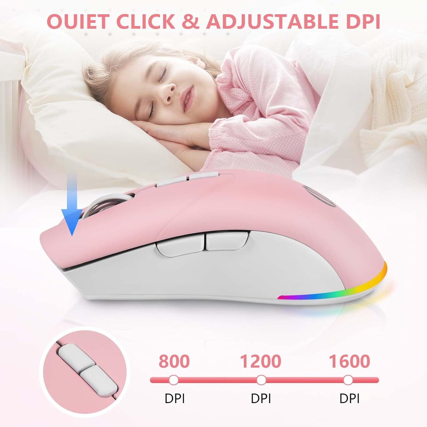 Wireless Bluetooth Mouse, 2.4G and Bluetooth 5.2 Ergonomic Rechargeable USB Optical Mouse, 3 Adjustment DPI， 1600 DPI Dual Mode Silent Wireless Mouse for Mac，Laptop, PC, Windows. (Pink)