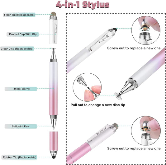 Penyeah Stylus Pens (4 in 1), Universal Phone/Tablet Stylus for iPhone/iPad/Pro/Mini/Android/Samsung/Fire and All Capacitive Touch Screens - Dream Pink