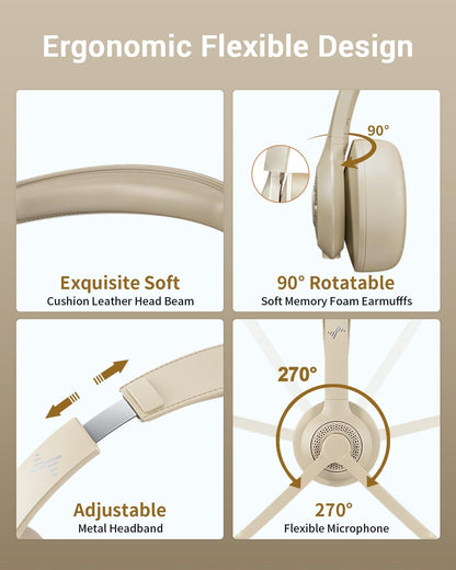 Wireless Headset with AI Noise Cancelling Microphone Bluetooth Headset - Bluetooth V5.2 Headphones with USB Dongle, Charging Base & Mic Mute for Computer/Laptop/PC/iPhone/Android/Cell Phones-Apricot