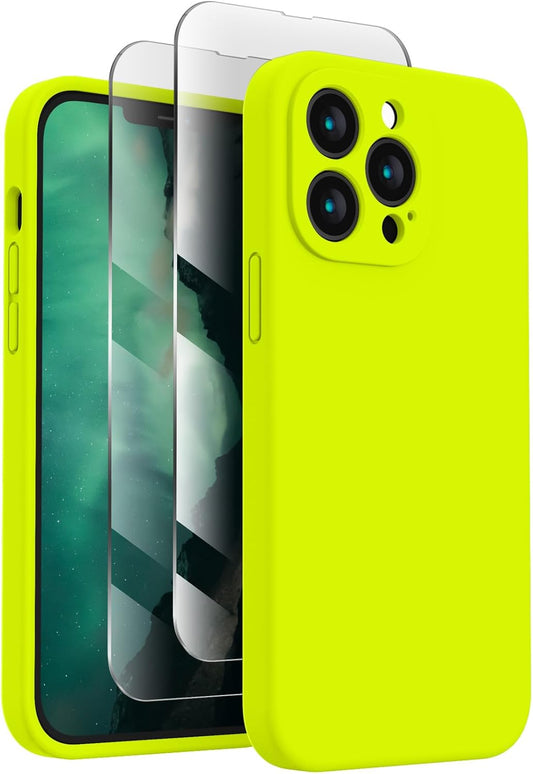 FireNova Designed for iPhone 13 Pro Max Case, Silicone [Camera Protection] Phone Case with [2 Screen Protectors], Soft Anti-Scratch Microfiber Lining Inside, 6.7 inch, Fluorescent Green