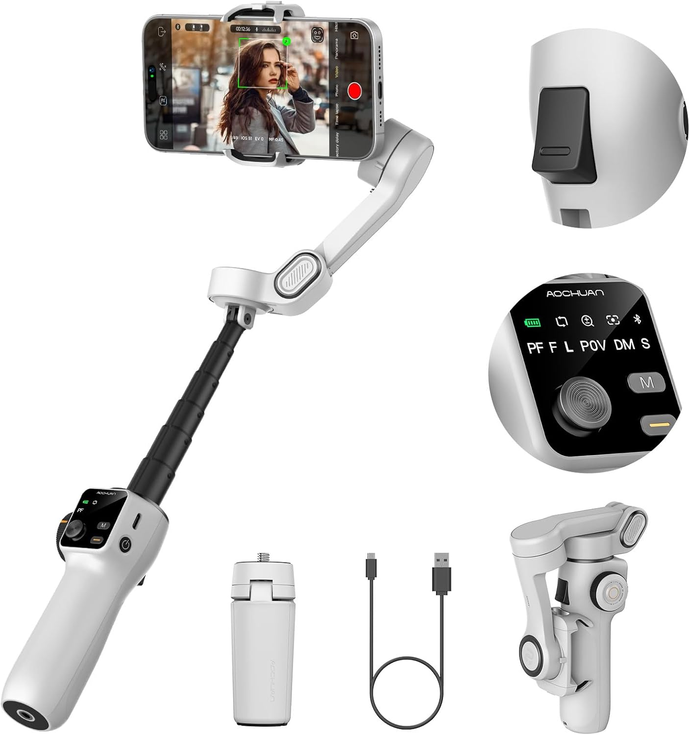 Cellphone Gimbal for Video Recording w/AI Tracking,3 -axis Vlogging Gimbal stabilizer for iPhone w/OLED Display, Smartphone Holder w/7.8' Extension Rod, Trigger Button Smart V8(White)