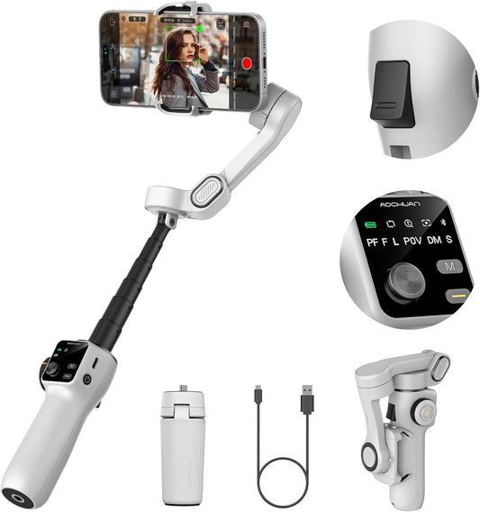Cellphone Gimbal for Video Recording w/AI Tracking,3 -axis Vlogging Gimbal stabilizer for iPhone w/OLED Display, Smartphone Holder w/7.8' Extension Rod, Trigger Button Smart V8(White)