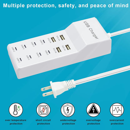 Multi-Port USB C Charging Station - Fast Charger for iPhone 15/14, Samsung Galaxy, iPad and Tablets - Desktop Home USBC Charger Hub with UL Certification and Safety Travel Protection White