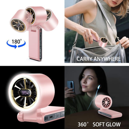 CAZOKASI Rechargeable Strong Wind Handheld Fan With Ambient Lighting 4 IN1 5000mAh Upto 22H For Desktop Waist Clip Neck (StrongWind/Pink)