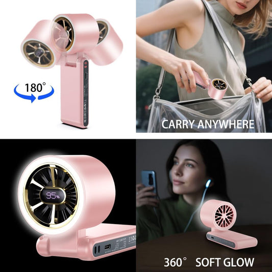 CAZOKASI Rechargeable Strong Wind Handheld Fan With Ambient Lighting 4 IN1 5000mAh Upto 22H For Desktop Waist Clip Neck (StrongWind/Pink)