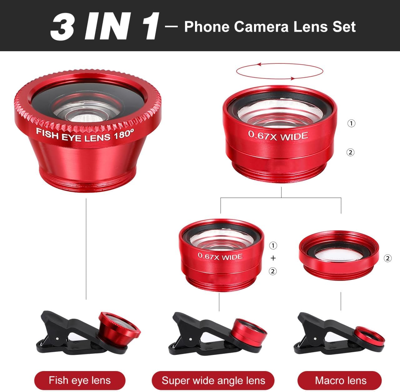 External Lens for Mobile Phone 3-in-1 Fisheye Macro Wide Angle Lens with Clip Aluminum Alloy Compatible with iPhone and Smartphones