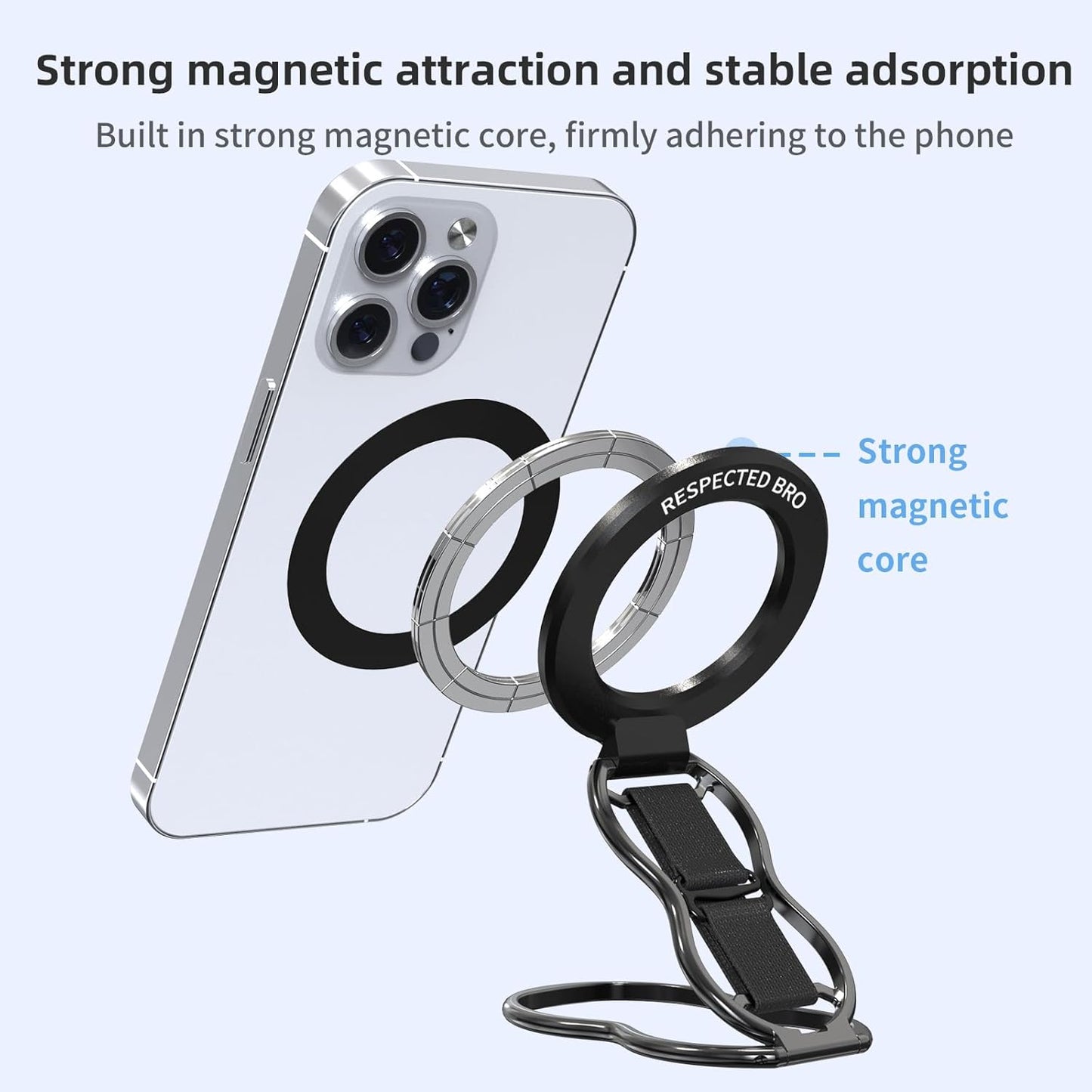 RESPECTED-BRO-Magnetic-Phone-Grip-Stand-with-Finger-Strap, 4-in-1 Magnetic Ring Holder, Kickstand and Elastic Strap for Smartphones, Universal Fit for iPhone, Android, and Cases (Black)