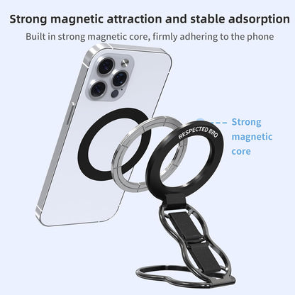 RESPECTED-BRO-Magnetic-Phone-Grip-Stand-with-Finger-Strap, 4-in-1 Magnetic Ring Holder, Kickstand and Elastic Strap for Smartphones, Universal Fit for iPhone, Android, and Cases (Black)