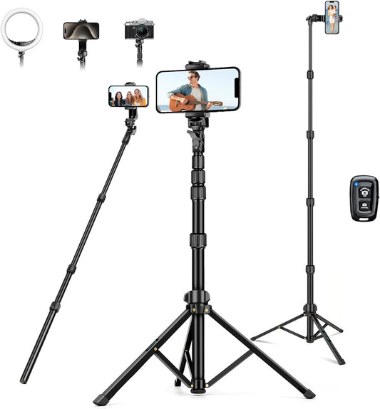 72" Tripod for iPhone, Phone Tripod with Remote, Black Aluminum, Compatible with Smartphone/Camera/Gopro, Cellphone Tripod Stand for Video Recording Selfies Vlogging
