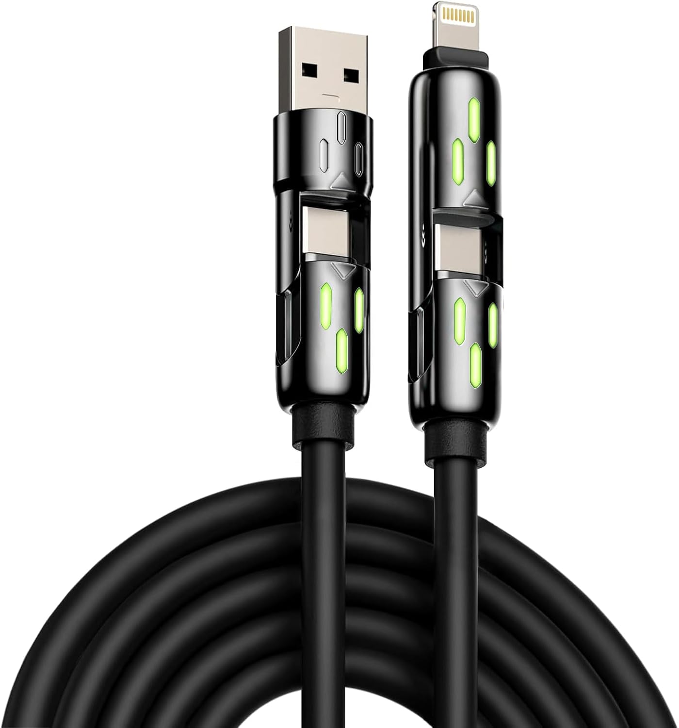 KerrKim 240W 4-in-1 Multi Fast USB Charging Cable with Breathing Light, USB A Type C Lightning Cable for iPhone 16 15 14 13 12 11 Pro Max iPad Samsung Galaxy MacBook iPad Tablets & More (6FT, Black)