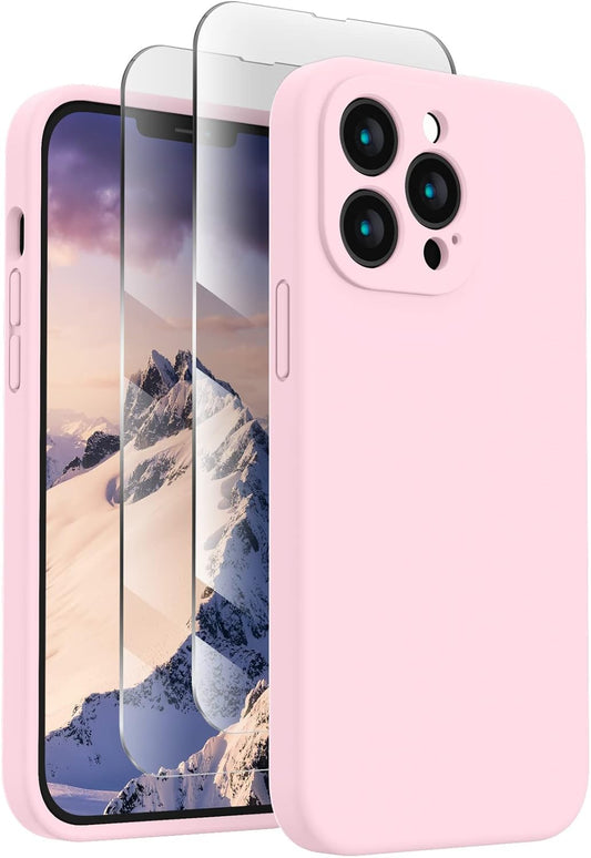 FireNova Designed for iPhone 13 Pro Case, Silicone Upgraded [Camera Protection] Phone Case with [2 Screen Protectors], Soft Anti-Scratch Microfiber Lining Inside, 6.1 inch, Chalk Pink
