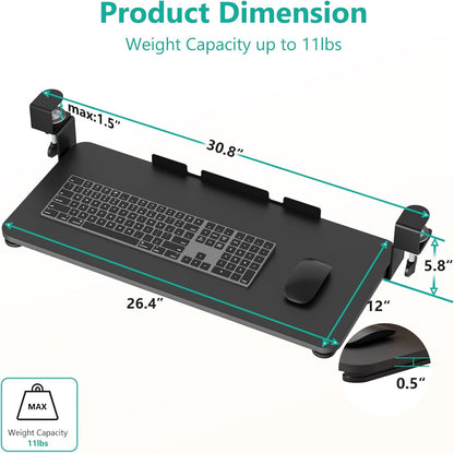 WALI Keyboard Tray Under Desk, Pull-Out Keyboard & Mouse Tray with 45° Adjustable C-Clamp, Ergonomic Platform Computer Drawer for L Shaped & Flat Desk 26.4" x 11.8" (KBT001-B), Black