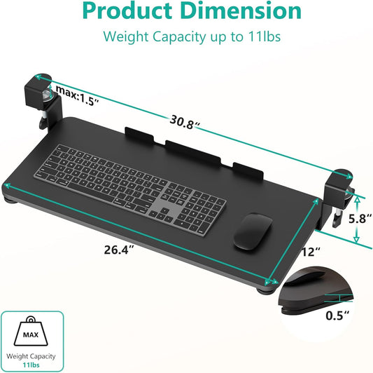 WALI Keyboard Tray Under Desk, Pull-Out Keyboard & Mouse Tray with 45° Adjustable C-Clamp, Ergonomic Platform Computer Drawer for L Shaped & Flat Desk 26.4" x 11.8" (KBT001-B), Black