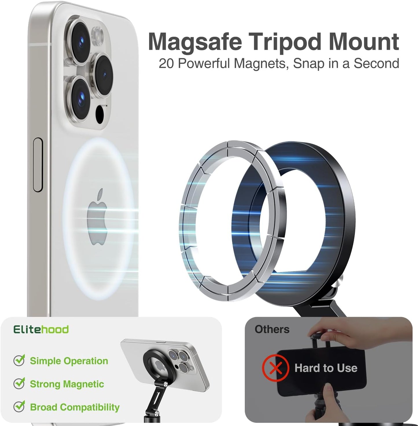 elitehood Aluminum Magnetic Camera Phone Mount with 360° Rotatable Cold Shoe Base, MagSafe iPhone Tripod Mount Adapter with 1/4” Screw & Hot Shoe, 180° Tilt Cell Phone Holder for Tripod Attachment