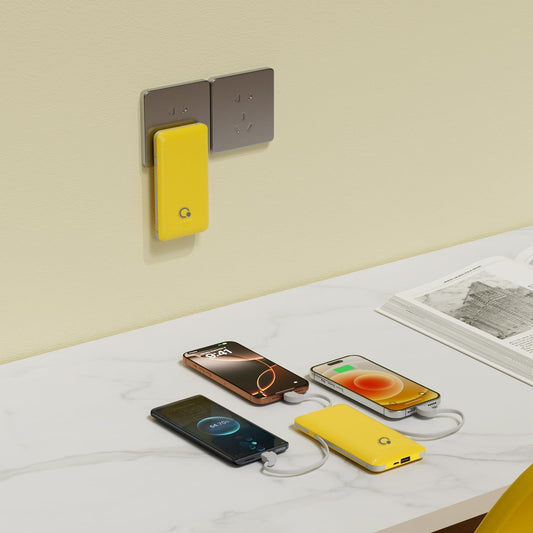 Q 10000mAh Power Bank, Slim Portable Charger,4 Output External Battery Pack with Built-in AC Wall Plug Micro USB C 3 Cables Compatible with iPhone Samsung Android Phone Tablet and More