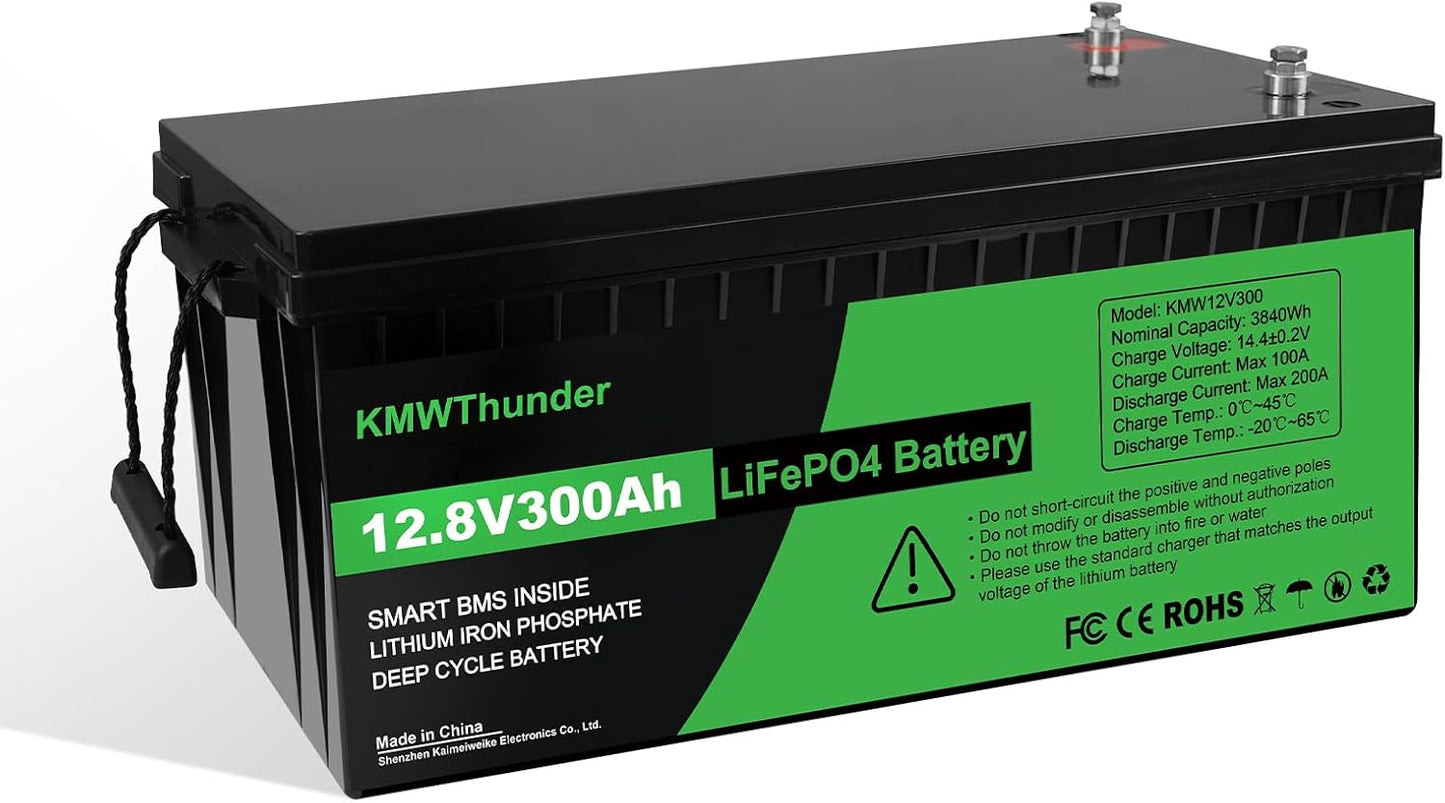 Lifepo4 Battery 300ah 12v 300ah Lifepo4 Battery Built-in BMS Protection Cycle Times Up T0 10000 10 Years Life Support 4 Series Connection Suitable for RV/Camper 2pack