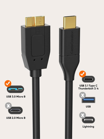 CableCreation 2FT*2 USB C to Micro B Cable,10Gbps Speed External Hard Drive Braided,USB 3.1 Type C to Micro B Work for iPhone 15/16,Seagate WD Westgate My Passport,MacBook Pro,iPad/Tablet,Black