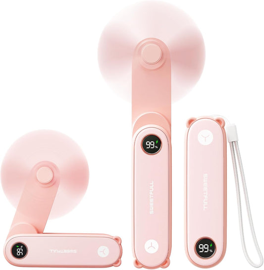 SWEETFULL Portable Handheld Mini Fan with LED Display, 3-in-1 Personal Foldable USB Rechargeable Hand Held Fan & Flashlight for Travel, Lash Eyelash, Cute Small Pocket for Women, Girls